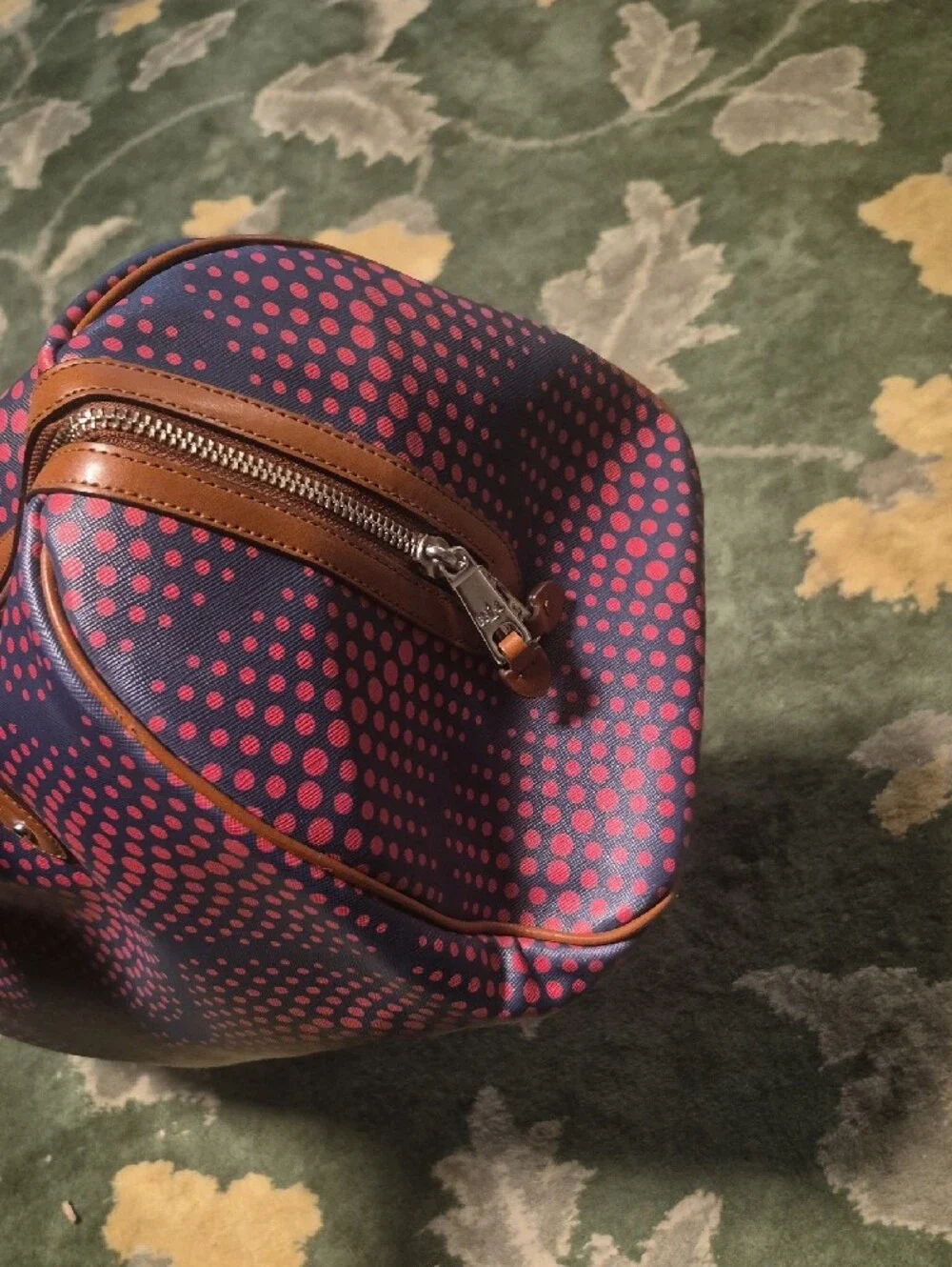 Polka Dot Weekender Bag - Navy & Pink with Brown Trim